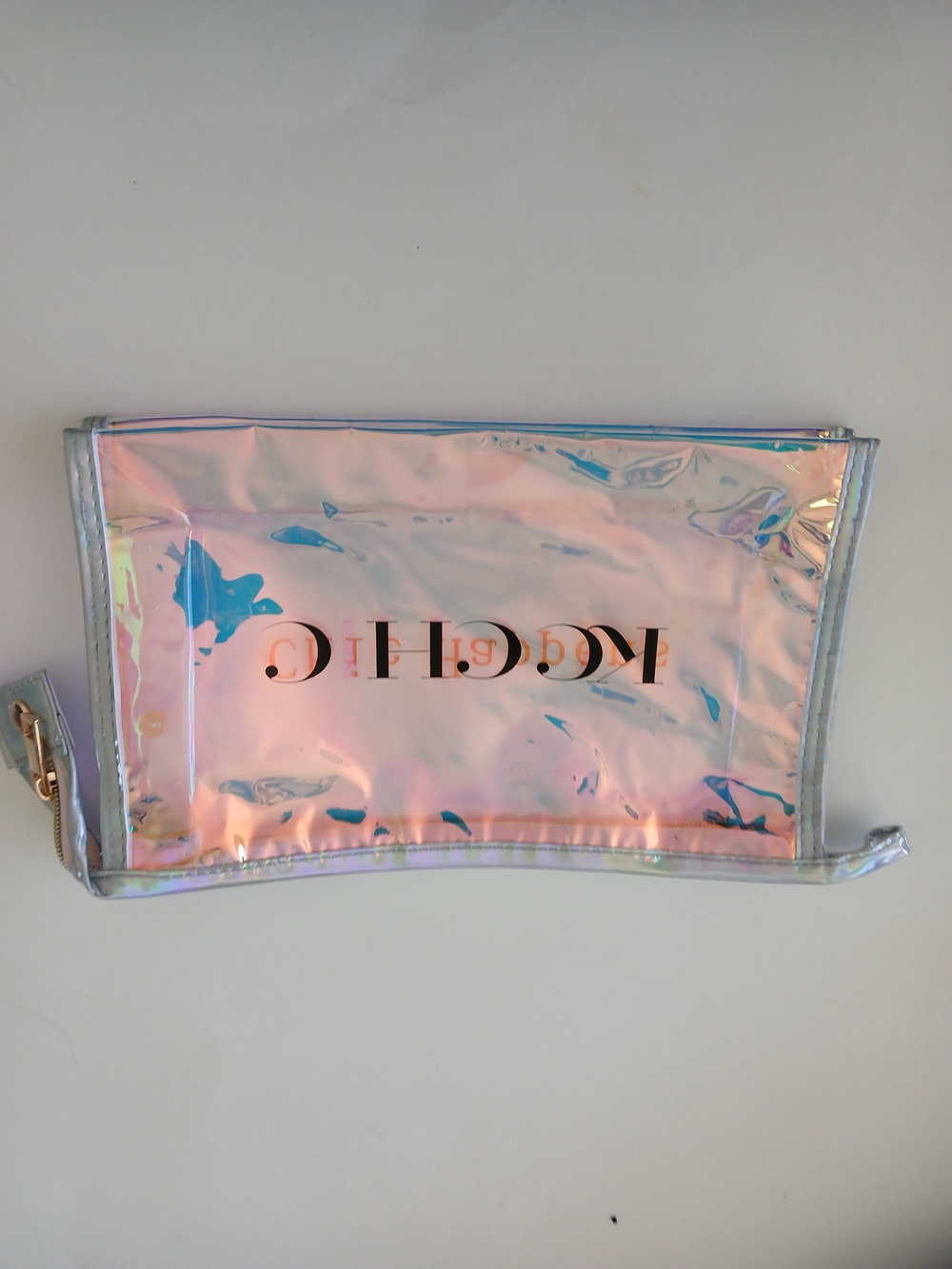 Holographic Iridescent Pink Cosmetic Pouch with "Chic Happens" Logo